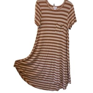 LuLaRoe Carly Dress Womens M Orange Striped Pocket Short Sleeve High Low